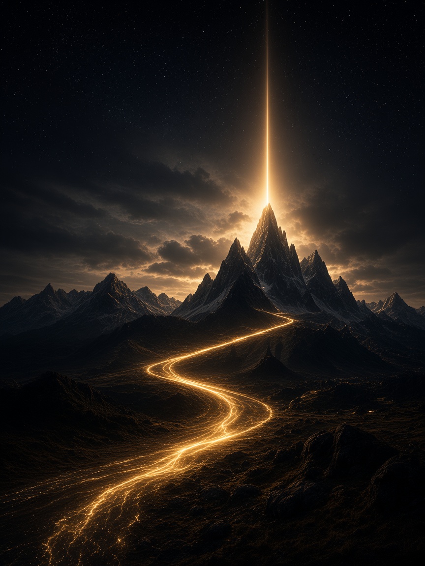 Golden path through mountains toward a distant peak